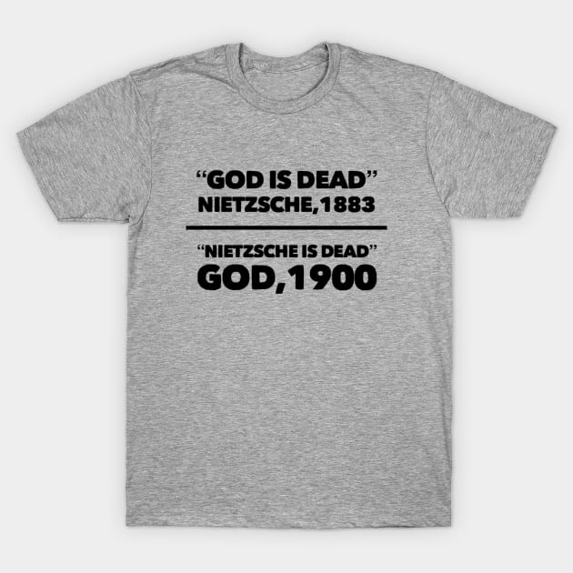 "God is dead" Nietzsche, 1883, "Nietzsche is dead" God, 1900, Funny meme black text T-Shirt by Selah Shop